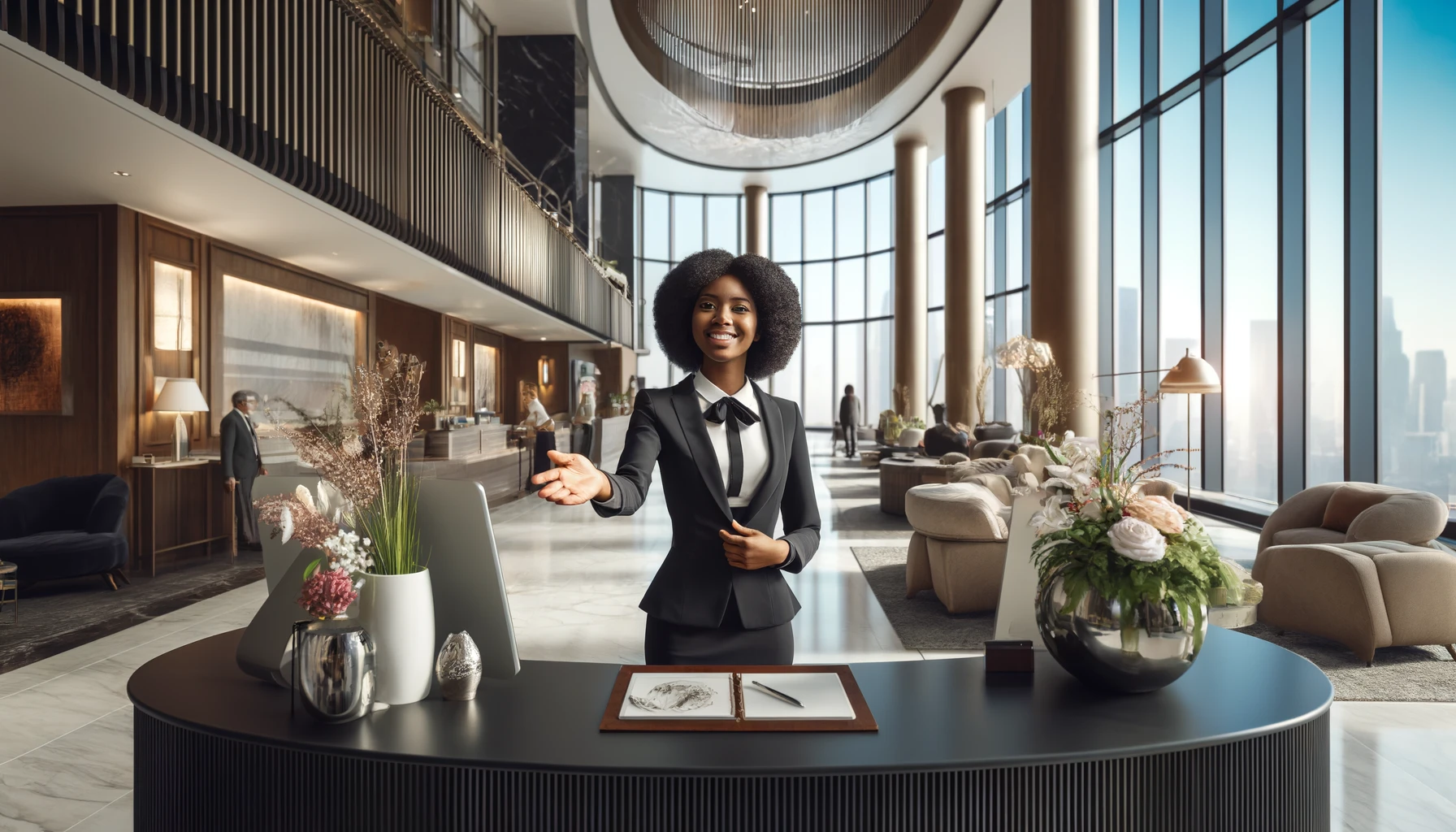 Trainee learning reception duties with mentor at salon front desk